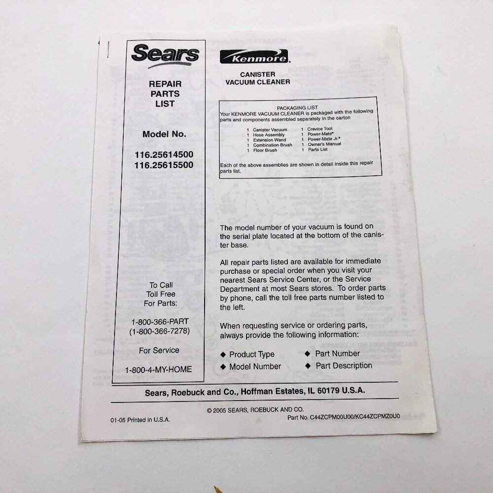 Sears Kenmore Parts List Canister Vacuum Cleaner & Manual for Power-Mate Jr